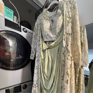 Elegant Green Embroidered Women's Lace Duster, Crop, Harem Pants Set